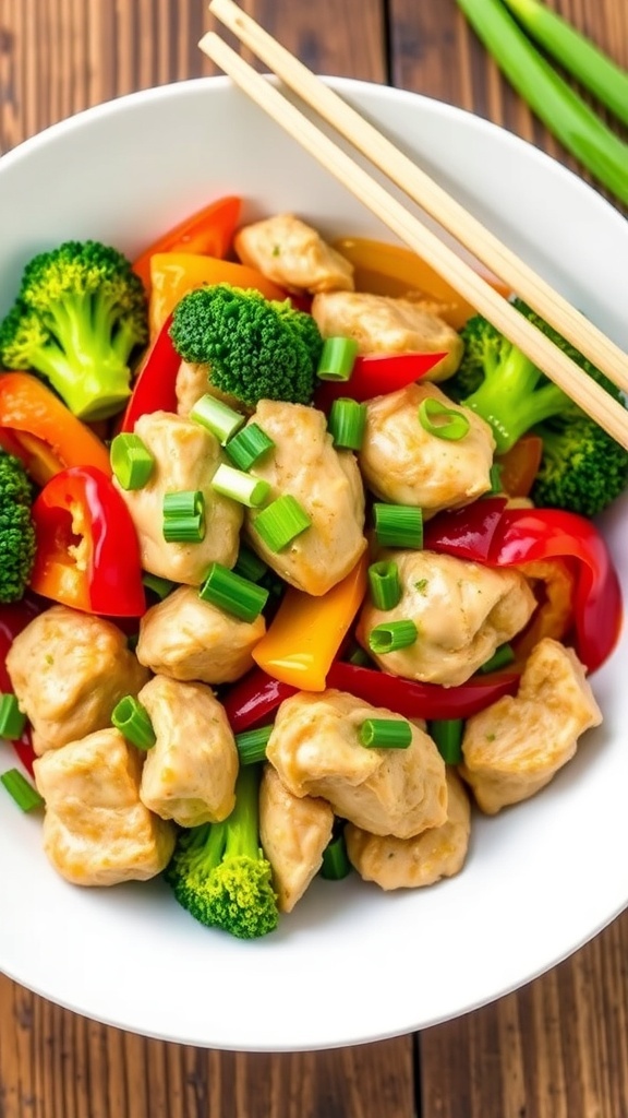 A colorful chicken stir-fry with bell peppers and broccoli served in a white bowl with chopsticks.